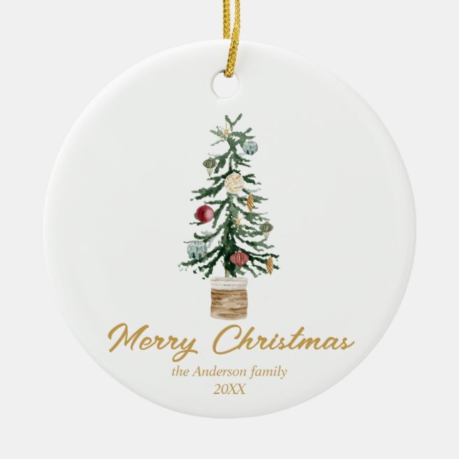 Watercolor Gold Ornaments Tree Merry Christmas (Front)