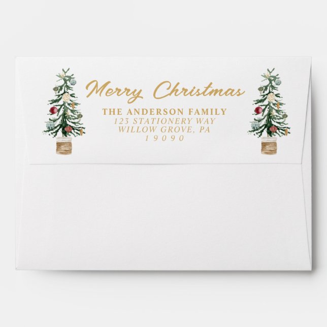 Watercolor Gold Pine Tree Merry Christmas    Envelope (Back (Top Flap))