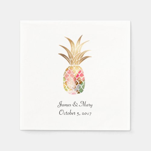Watercolor Gold Pineapple Wedding Cocktail Napkins
