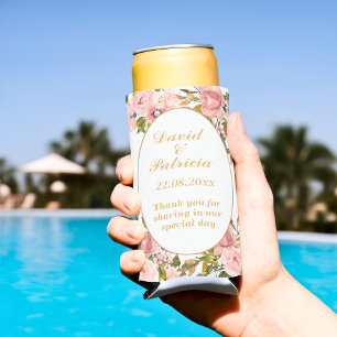 Watercolor gold pink floral elegant wedding favors seltzer can cooler