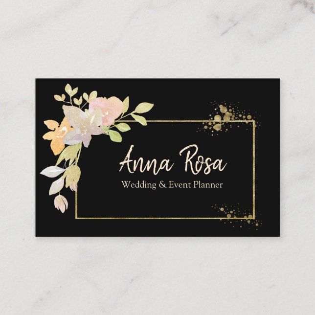 *~* Watercolor Gold Pink Lavender Elegant Flower Business Card (Front)