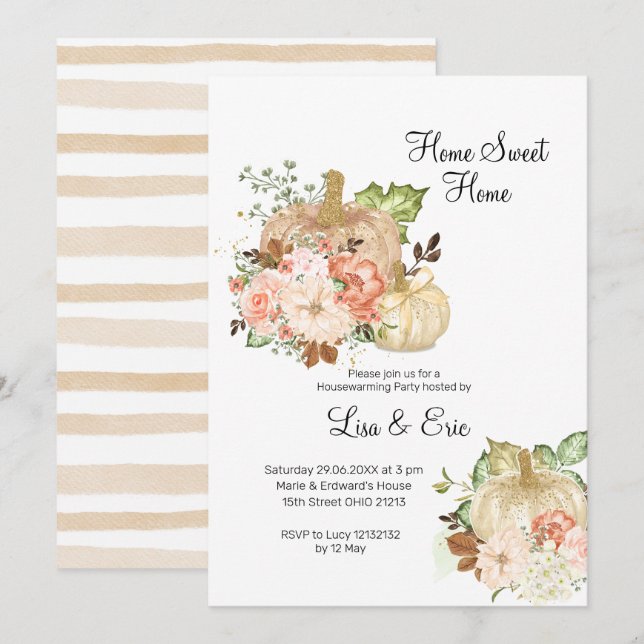 Watercolor Gold Pumpkin Housewarming Party Invite (Front/Back)