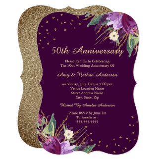 Watercolor Gold Purple Flower 50th Anniversary Invitation