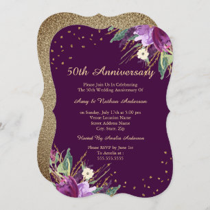 Watercolor Gold Purple Flower 50th Anniversary Invitation