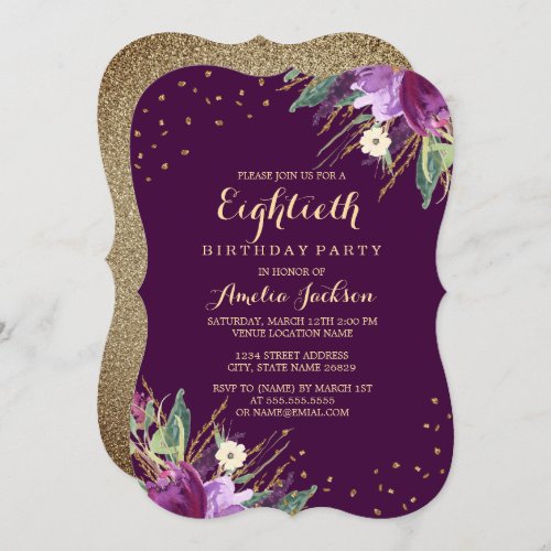 Watercolor Gold Purple Flower 80th Birthday Party Invitation