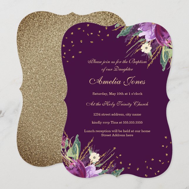 Watercolor Gold Purple Flower Baptism Invitation (Front/Back)