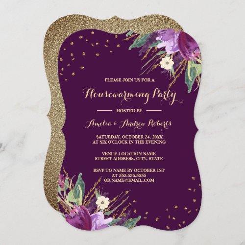Watercolor Gold Purple Flower Housewarming Party Invitation