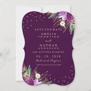 Watercolor Gold Purple Flower Save The Date