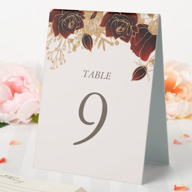 Watercolor Gold Red Roses Number Table Tent (In SItu (Wedding))