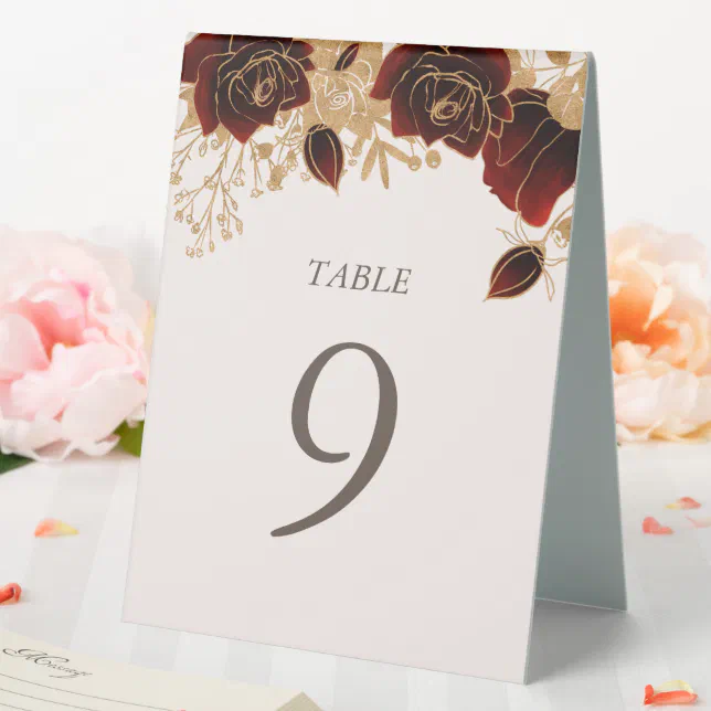 Red Roses Table Numbers Watercolor Gold Red Roses Number Table Tent | Zazzle