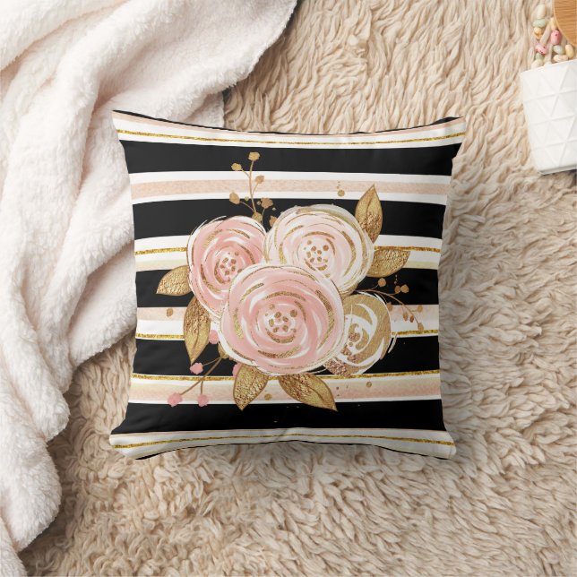 Watercolor Gold Rose Pattern  Throw Pillow (Blanket)