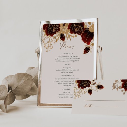Watercolor Gold Rose Table Number And Wedding Menu