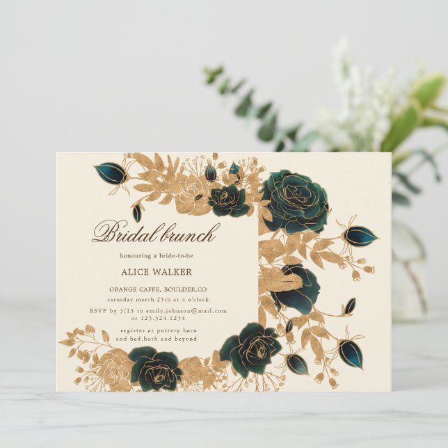 Watercolor Gold Roses Bridal Brunch Invitation (Standing Front)