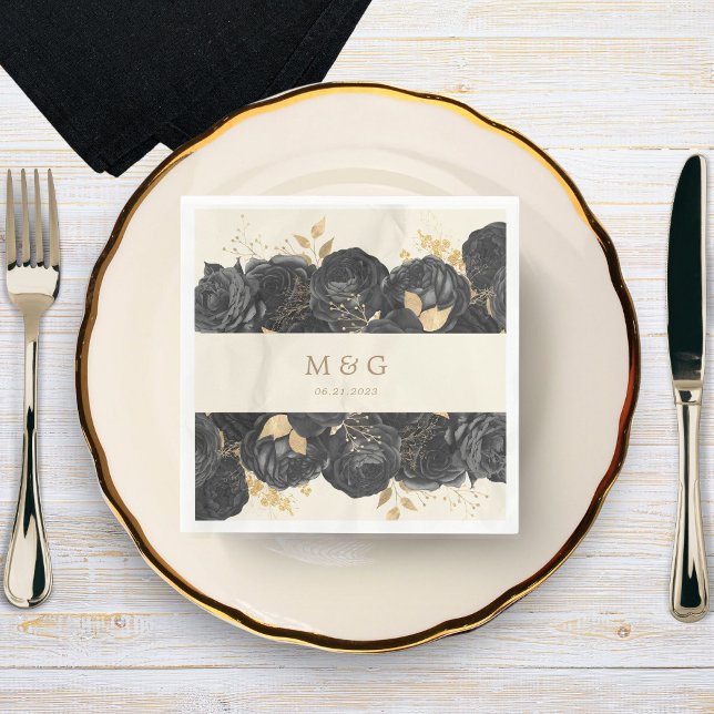 Watercolor Gold Roses Monogram Wedding Napkins (Creator Uploaded)