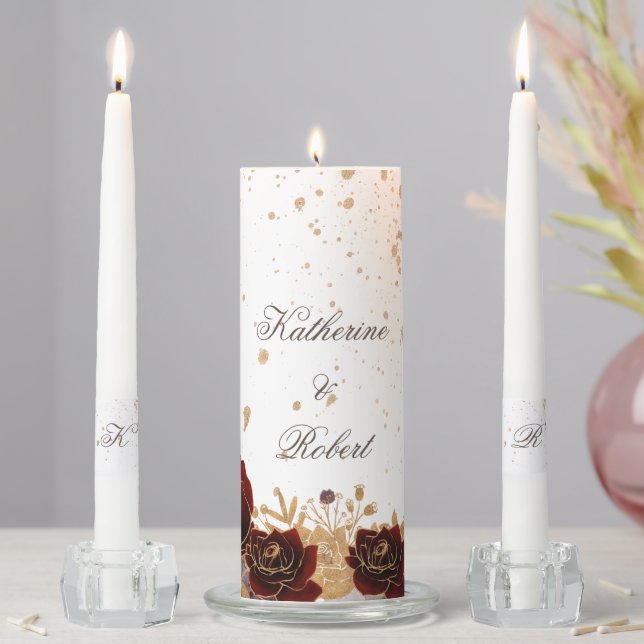 Watercolor Gold Roses Monogram Wedding Unity Candle Set (In Situ)