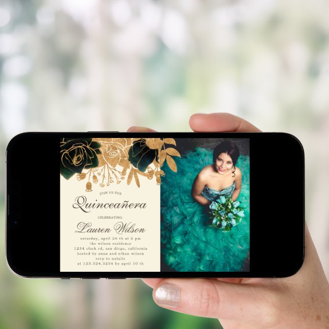Watercolor Gold Roses Quinceanera Photo Invitation (Front Digital)