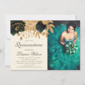 Watercolor Gold Roses Quinceanera Photo Invitation (Front)