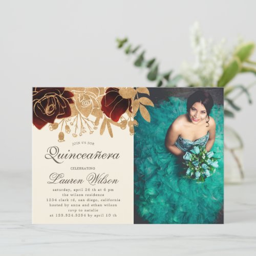 Watercolor Gold Roses Quinceanera Photo Invitation