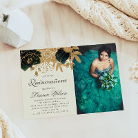 Watercolor Gold Roses Quinceanera Photo Invitation