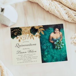 Watercolor Gold Roses Quinceanera Photo Invitation