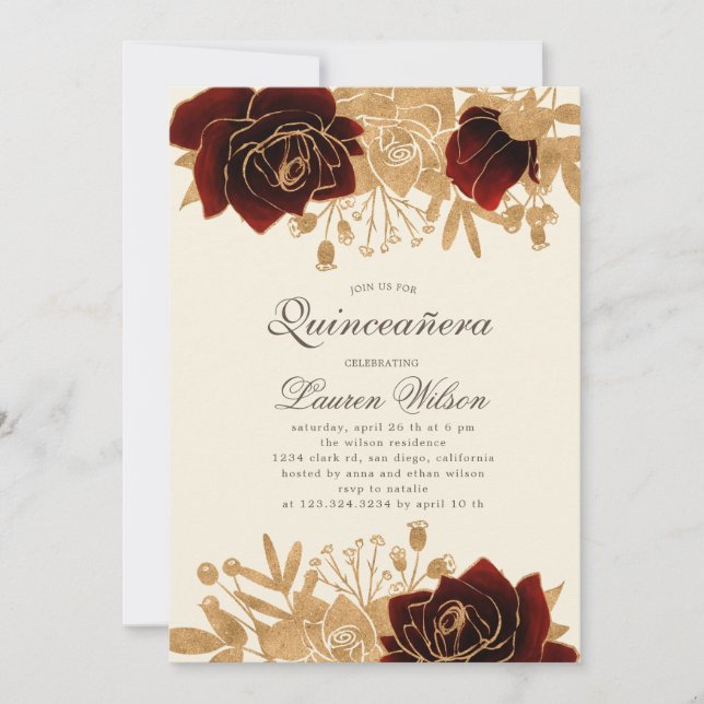 watercolor gold roses Quinceanera Qrcode Invitation (Front)
