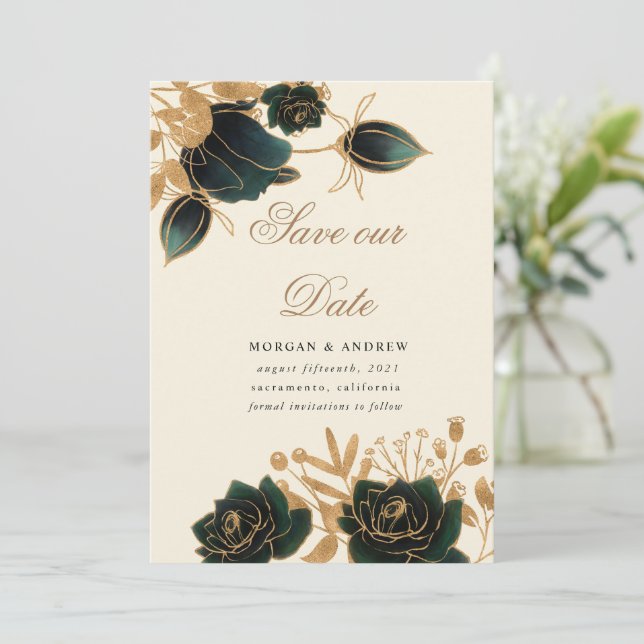 Watercolor Gold Roses Save The Date Invitation (Standing Front)