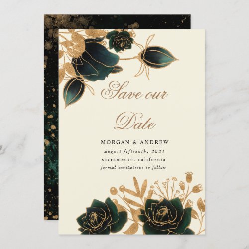 Watercolor Gold roses save the date Invitation