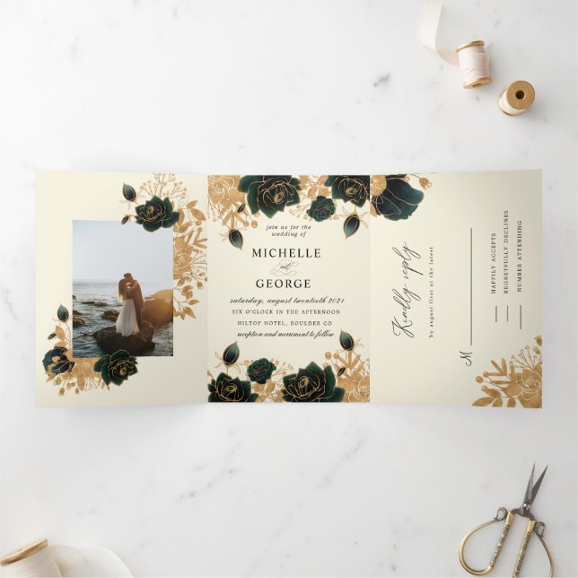 Watercolor Gold Roses Tri-Fold Wedding Invitation (Inside)