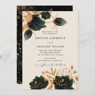 Watercolor Gold roses Wedding Invitation
