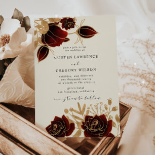 Watercolor Gold Roses Wedding Invitation