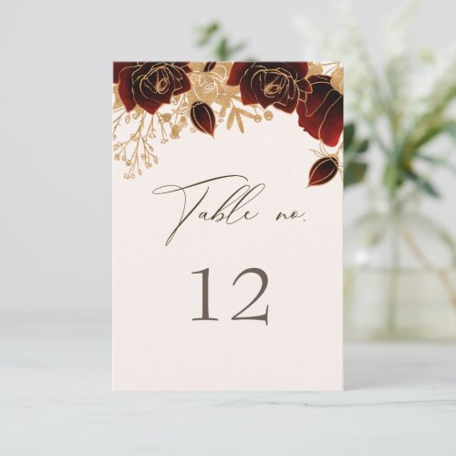 Watercolor Gold Roses Wedding Table Number