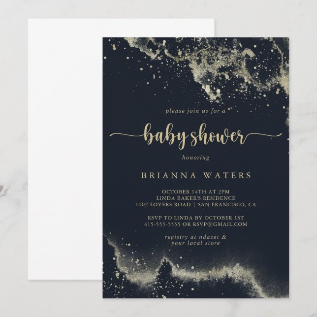 Watercolor Gold Splash Calligraphy Baby Shower   Invitation (Front/Back)
