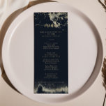 Watercolor Gold Splash Calligraphy Dinner Menu<br><div class="desc">This watercolor gold splash calligraphy dinner menu card is perfect for a rustic wedding. The design features hand-painted gold splash in a dark blue background.

This menu can be used for a wedding reception,  rehearsal dinner,  bridal shower or any event.</div>