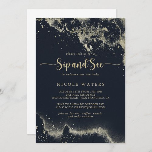 Watercolor Gold Splash Calligraphy Sip and See  Invitation