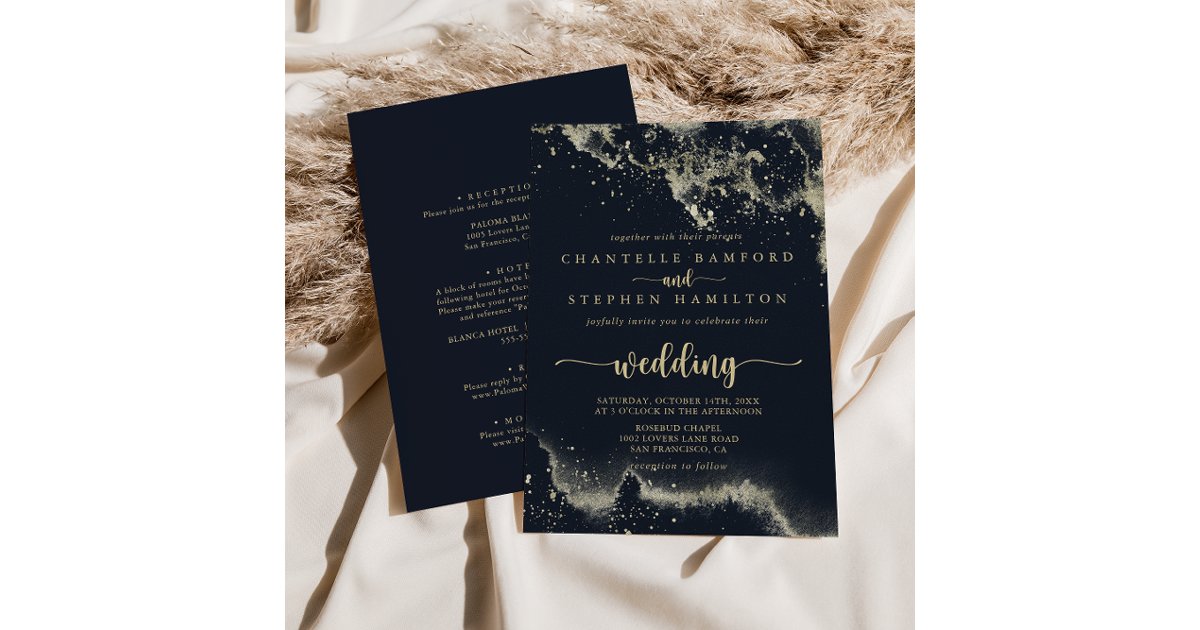 Watercolor Gold Splash Front & Back Wedding Invitation | Zazzle