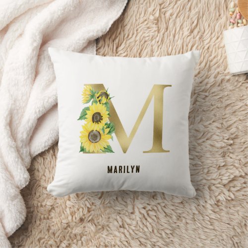 Watercolor Gold Sunflowers M Monogram Throw Pillow