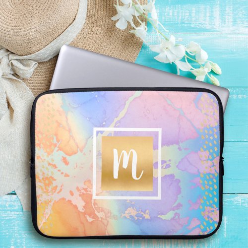 Watercolor gold turquoise purple orange monogram laptop sleeve