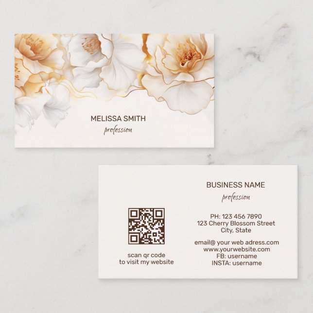 Watercolor Gold White Flowers Business Card (Front/Back)
