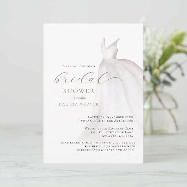 Watercolor Gold White Wedding Dress Bridal Shower Invitation (Standing Front)