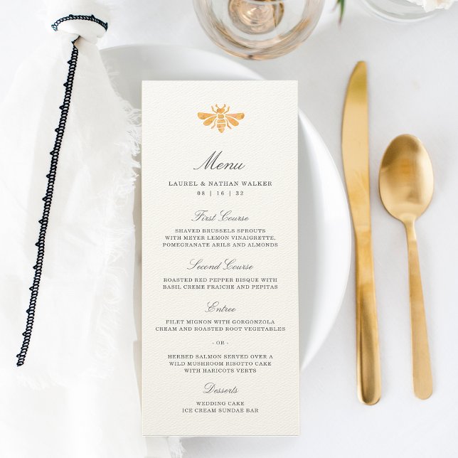 Watercolor Golden Bee Wedding Menu (Creator Uploaded)