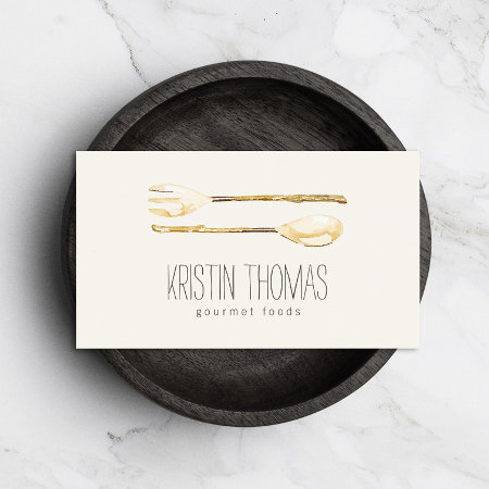 Watercolor Golden Fork And Spoon Catering Business Card