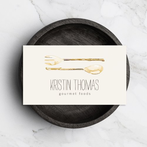 Watercolor Golden Fork and Spoon Catering Business Card