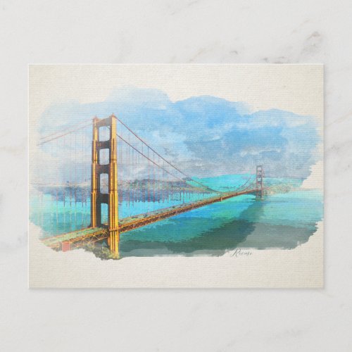 Watercolor Golden Gate Bridge San Francisco Postcard
