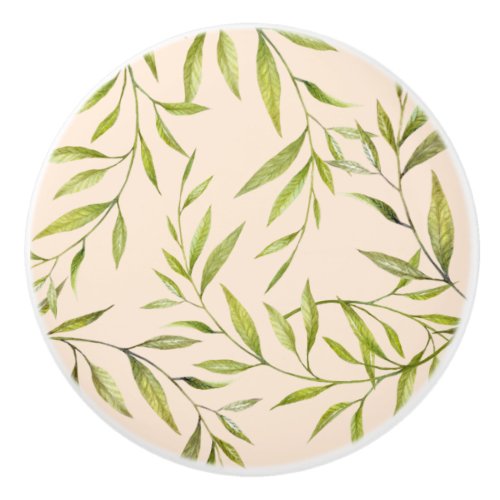 Watercolor Golden Green Laurel Leaves Pattern Cera Ceramic Knob