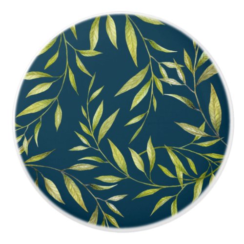 Watercolor Golden Green Laurel Leaves Pattern Ceramic Knob
