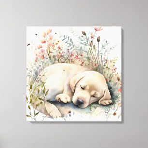 Watercolor Golden Labrador Retriever and Flowers Canvas Print