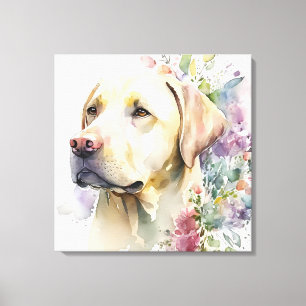 Watercolor Golden Labrador Retriever and Flowers Canvas Print