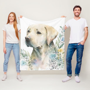 Watercolor Golden Labrador Retriever and Flowers Fleece Blanket
