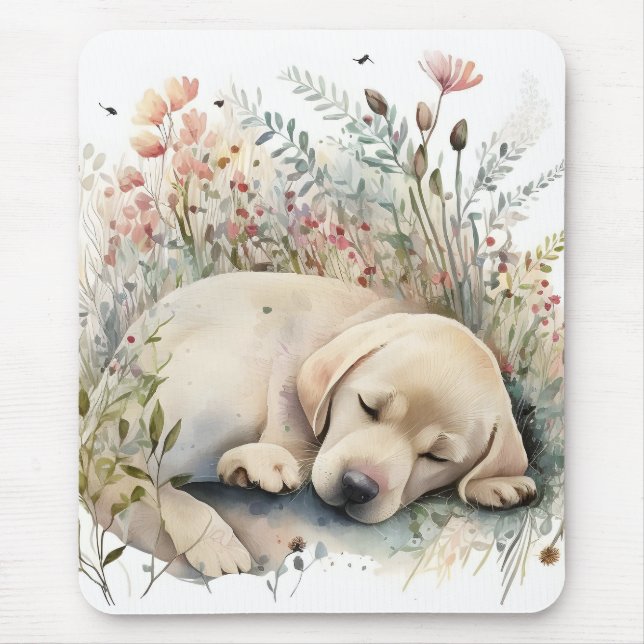 Watercolor Golden Labrador Retriever and Flowers Mouse Pad (Front)