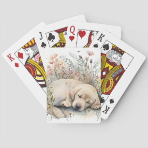Watercolor Golden Labrador Retriever and Flowers Poker Cards